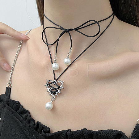 Alloy & Imitation White Round Pearl Pendant Waxed Cord Adjustable Tie Choker Necklaces for Women FS-WGE1A46-01-1