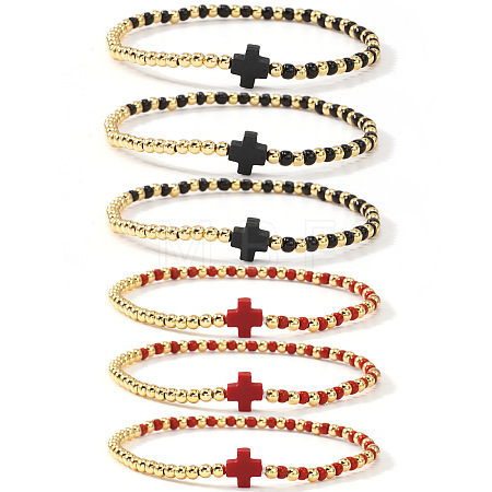 6Pcs Brass Round Beads Stretch Bracelets TI2646-3-1