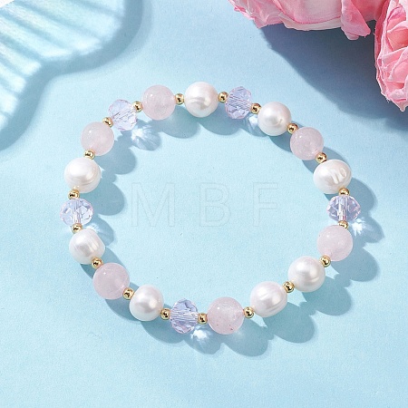 Natural Rose Quartz & Cultured Freshwater Pearl Beads Stretch Bracelets BJEW-JB12856-02-1