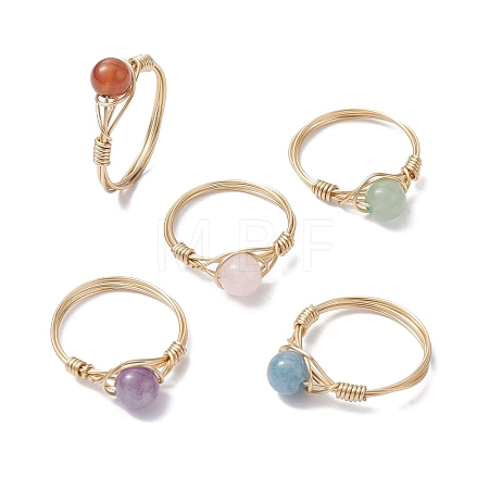 Natural Mixed Gemstone Round Braided Bead Style Finger Rings RJEW-JR00607-1