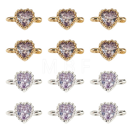 12Pcs 2 Colors Brass Pave Cubic Zirconia Heart Links Connector Charms KK-TA0003-48D-1