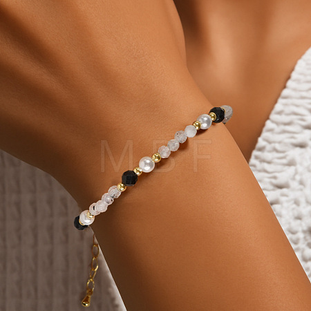 Quartz Crystal & Black Agate Beaded Bracelet for Women KS6100-1