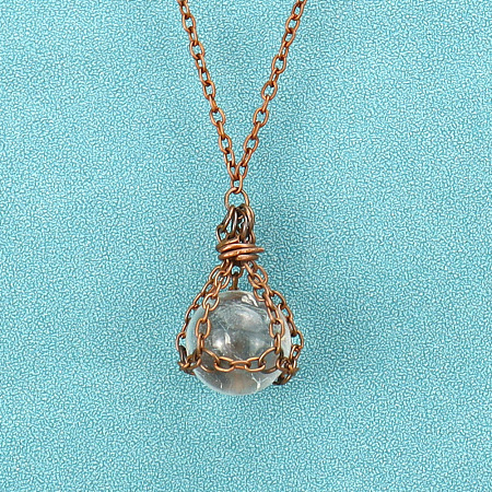 Alloy Macrame Pouch Natural Quartz Crystal Round Ball Pendant Necklaces for Women WGFD62D-01-1