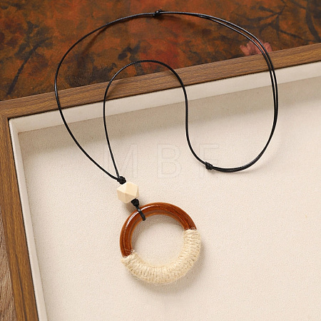 Wood Pendant Black Wax Cord Long Necklaces for Women FS-WG36920-17-1