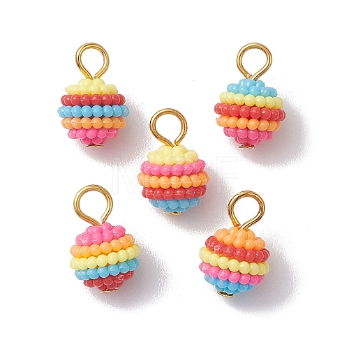 Rainbow Color Resin Waxberry Round Charms with Golden Tone Iron Loops PALLOY-JF02773-1