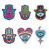 6Pcs 6 Style Hamsa Hand/Heart with Evil Eye Computerized Embroidery Cloth Iron on Sequins Patches DIY-HY0001-50-1