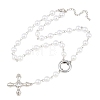 Brass Pave Clear Cubic Zirconia Cross Y Pendant Necklaces with ABS Imitation Pearl Handmade Link Chain NJEW-F364-06P-4