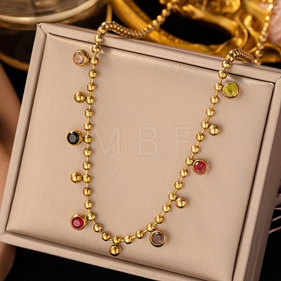 304 Stainless Steel Pave Cubic Zirconia Colorful Round Tassel Ball Chain Bib Necklaces for Women NJEW-D350-01G-1