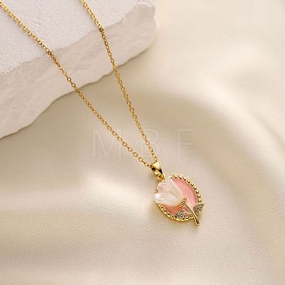 304 Stainless Steel Crystal Rhinestone Emanel Oval with Acrylic Tulip Flower Pendant Cable Chain Necklaces for Women WGD1E82-02-1
