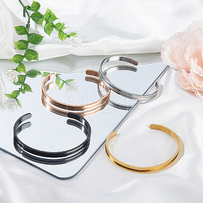 4Pcs 4 Colrs C-Shaped 201 Stainless Steel Grooved Cuff Bangles BJEW-SC0001-66-1