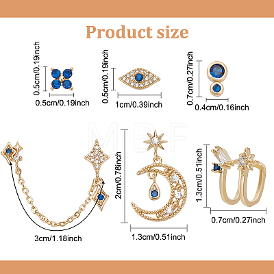 6Pcs 6 Style Flower & Square & Star & Moon Cubic Zirconia Stud Earrings EJEW-AN0003-31-1
