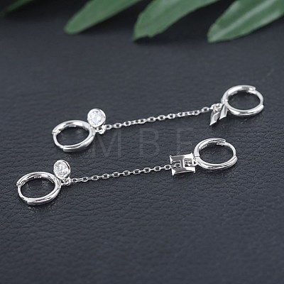 Rhodium Plated 925 Sterling Silver Double Piercing Chain Hoop Earrings for Women Two Holes Connecting Earrings EJEW-BB60062-1