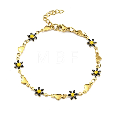 Enamel Flower & Heart Link Chain Bracelet BJEW-A142-05G-1
