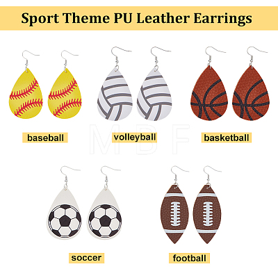 ANATTASOUL 8 Pairs 8 Style PU Imitation Leather Teardrop with Sport Theme Pattern Dangle Earrings EJEW-AN0001-79-1