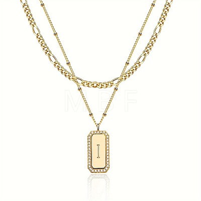Brass Micro Pave Clear Cubic Zirconia Rectangle with Initial Pendant Double Layer Necklaces for Women FS-WG478B5-09-1