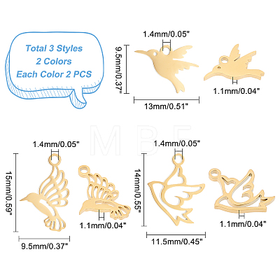 36Pcs 6 Style 304 Stainless Steel Charms STAS-DC0008-87-1