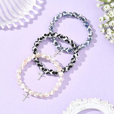3Pcs 3 Colors Tibetan Style Turtle Back Pattern dZi Round Beaded Stretch Bracelet Sets BJEW-JB14420-1