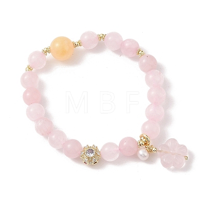 Round Natural Rose Quartz & Gemstone & Natural Freshwater Pearl Beaded Stretch Bracelets BJEW-C068-03G-1