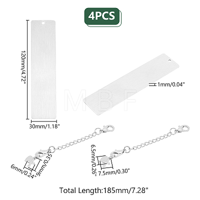 4Pcs Rectangle 201 Stainless Steel Blank Bookmarks AJEW-UN00004-1