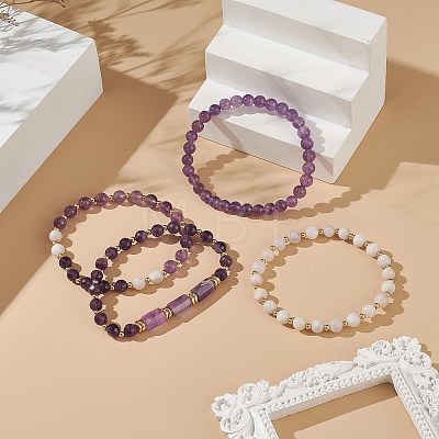 4Pcs 4 Style Natural Amethyst & White Crazy Agate & Brass Beaded Stretch Bracelets Set BJEW-JB08998-1