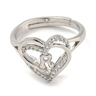 Heart with Letter Rack Plating Brass Micro Pave Clear Cubic Zirconia Adjustable Rings for Women RJEW-I105-01P-R-1