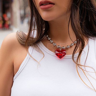 Iron and Glass Heart Pendant CCB Plastic Round Beaded Necklaces for Women FS-WGDB55B-06-1