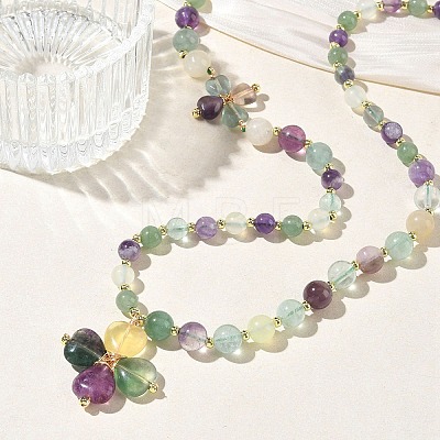 Saint Patrick's Day Natural Fluorite Clover Pendant Round Beaded Necklaces with Brall Heart OT Clasps NJEW-G202-02G-02-1