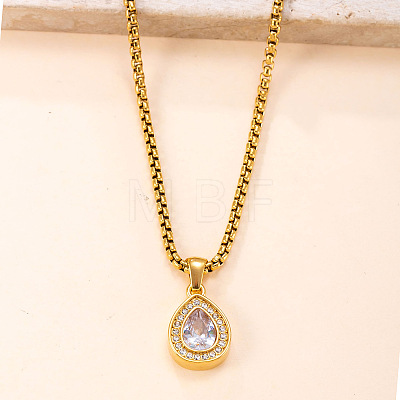 304 Stainless Steel Rhinestone Teardrop Pendant Necklaces for Women WG28393-02-1