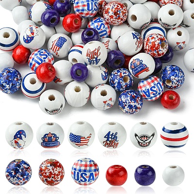 75Pcs 12 Styles Independence Day Theme Wood European Beads WOOD-FS0001-22-1