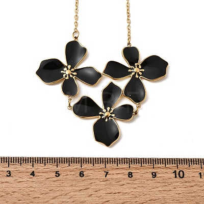 304 Stainless Steel Enamel Black Flower Bib Necklaces for Women NJEW-P352-01G-1