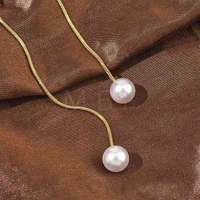 Ion Plating(IP) Round White Acrylic Imitation Pearl 304 Stainless Steel Round Snake Chain Lariat Necklaces NJEW-D269-01G-1