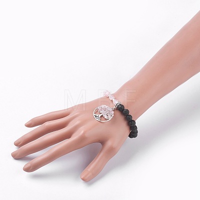 Natural Rose Quartz & Lava Rock Stretch Bracelets BJEW-JB03953-03-1
