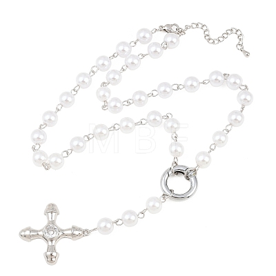 Brass Pave Clear Cubic Zirconia Cross Y Pendant Necklaces with ABS Imitation Pearl Handmade Link Chain NJEW-F364-06P-1