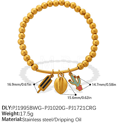 304 Stainless Steel Enamel Charm Round Beaded Stretch Bracelets for Women WGF740E-04-1