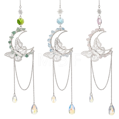 3Pcs Natural Rose Quartz & Aquamarine & Green Aventurine Chips & Brass Moon & 304 Stainless Steel Butterfly Suncatcher HJEW-TA00449-1