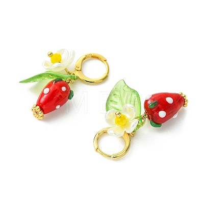 Lampwork Strawberry with Plastic Pearl Flower Dangle Leverback Earring X-EJEW-TA00130-1