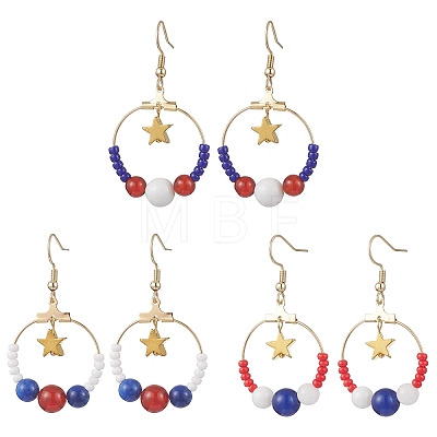 Independence Day 3 Pairs 3 Styles Natural Mashan Jade & Natural Carnelian & Natural White Jade & Natural Yellow Jade & Natural Malaysia Jade & Glass Seed Beaded & Brass Dangle Earrings EJEW-MZ00720-1