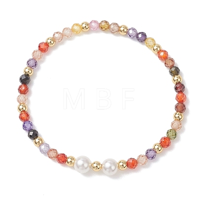 Cubic Zirconia & Shell Pearl Round Beaded Stretch Bracelets for Women BJEW-JB13280-01-1