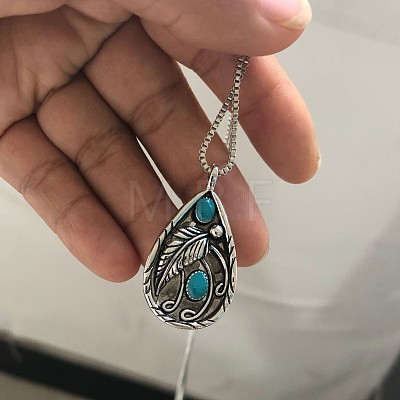 Alloy Resin Imitation Turquoise Teardrop with Feather Pendant Necklaces WG61DB0-01-1