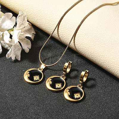 304 Stainless Steel Enamel & Rhinestone Pendant Necklaces & Hoop Earring Set for Women SJEW-C007-02G-01-1