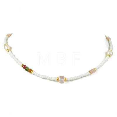 Natural Rose Quartz Heishi Beads & Rice Natural Pearl & Glass Seed Beaded Necklaces NJEW-JN06249-03-1
