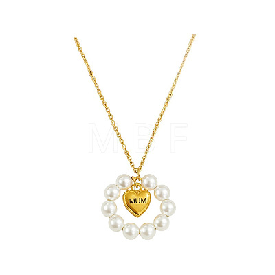 304 Stainless Steel with Plastic Pearl Beaded Ring Mum Heart Pendant Necklaces for Mother's Day FS-WG96BC2-01-1