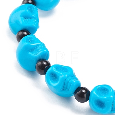 Natural Mashan Jade Skull Beaded Stretch Bracelet with Synthetic Turquoise(Dyed) Cross Charm BJEW-JB08378-04-1