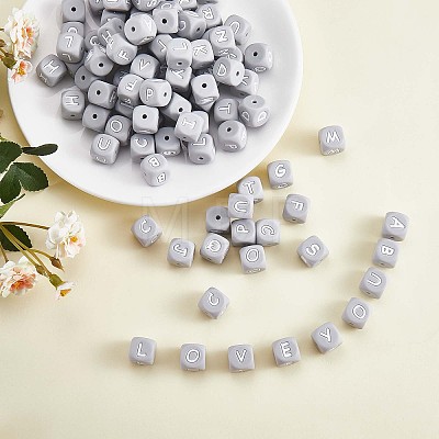 20Pcs Grey Cube Letter Silicone Beads 12x12x12mm Square Dice Alphabet Beads with 2mm Hole Spacer Loose Letter Beads for Bracelet Necklace Jewelry Making JX436E-1