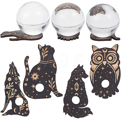 CREATCABIN 4Pcs 4 Style Wolf/Cat/Owl Wooden Crystal Sphere Display Stands DJEW-CN0001-26-1