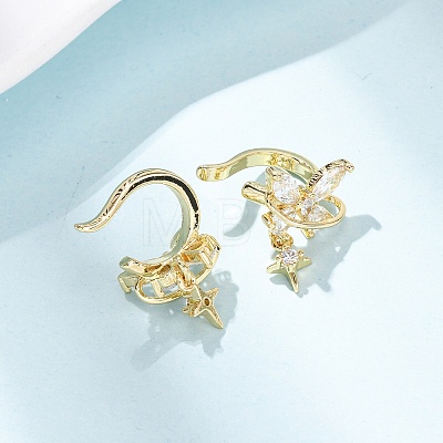 Butterfly with Star Brass Micro Pave Clear Cubic Zirconia Cuff Earrings EJEW-H178-11G-1