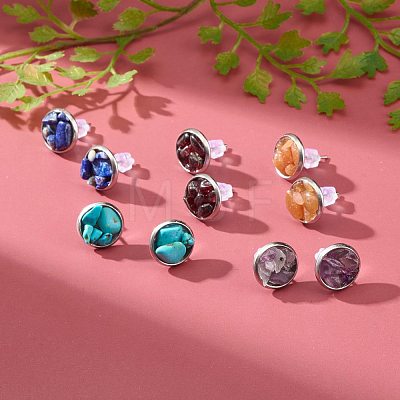 Flat Round with Mixed Gemstone Chip Beads Stud Earrings for Girl Women EJEW-JE04669-1