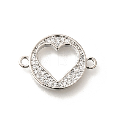 Rack Plating Brass Clear Cubic Zirconia Flat Round with Hollow Heart Connector Charms KK-L225-036P-1