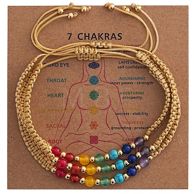 3Pcs Adjustable Chakra Natural & Synthetic Mixed Stone Round Bead Braided Bracelet Sets ZZ4943-7-1