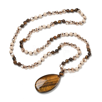 Natural Tiger Eye Teardrop Pendant Glass Beaded Long Necklaces GG-CBAE048-01A-1